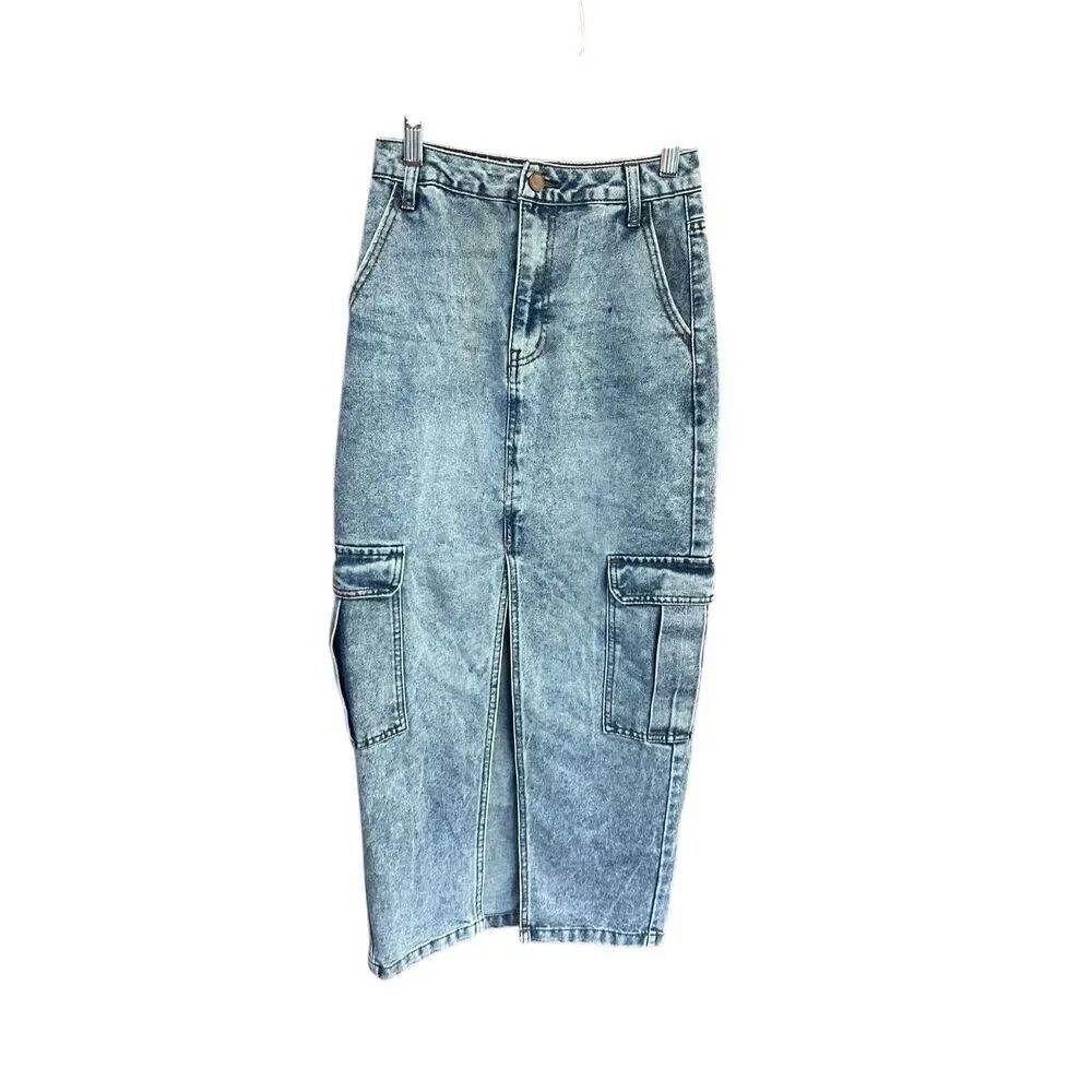 Love, Fire Sz 1 Denim Blue Cargo Maxi Pocket Boho Skirt